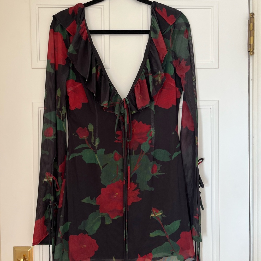 Ruffle Floral Mini Dress Red and Black -